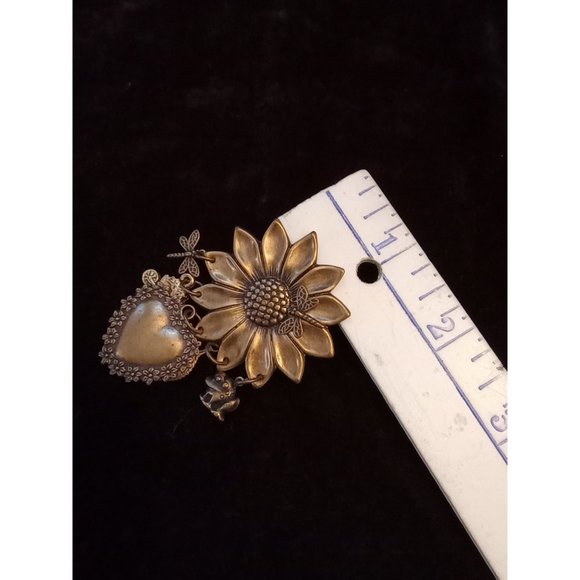 Antiqued Bronze tone Sunflower Gardener Dangles Brooch Pin - Picture 8 of 9